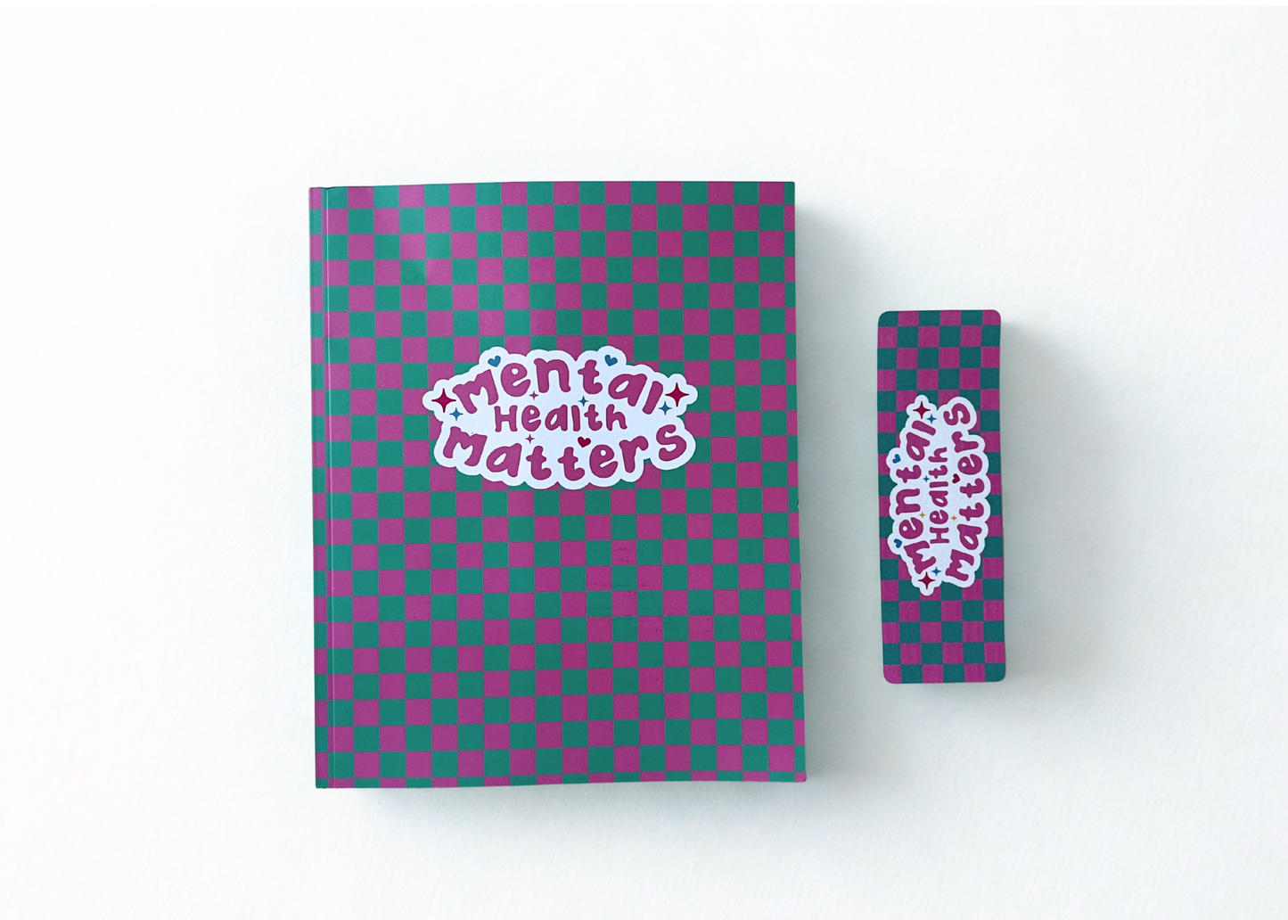 Mental Health Matters Notebook & Bookmark – Green Checkerboard