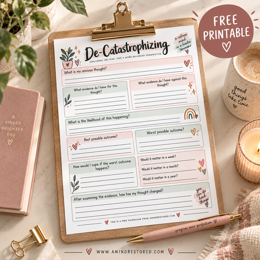 De-Catastrophizing Anxiety Worksheet | Free CBT-Inspired Mental Health Printable