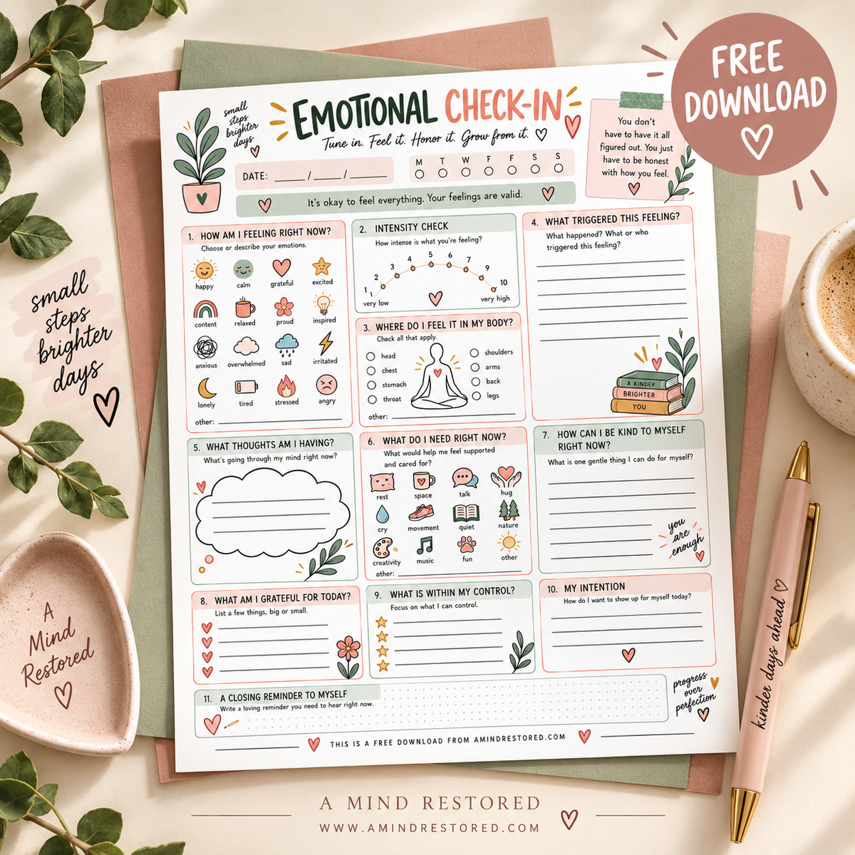 Emotional Check-In Worksheet | Free Mental Health & Self-Care Printable
